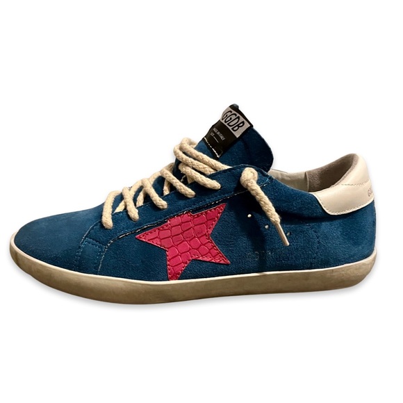 Golden Goose Super-Star Sneakers in Blue Suede with a Pink Star - Picture 1 of 6